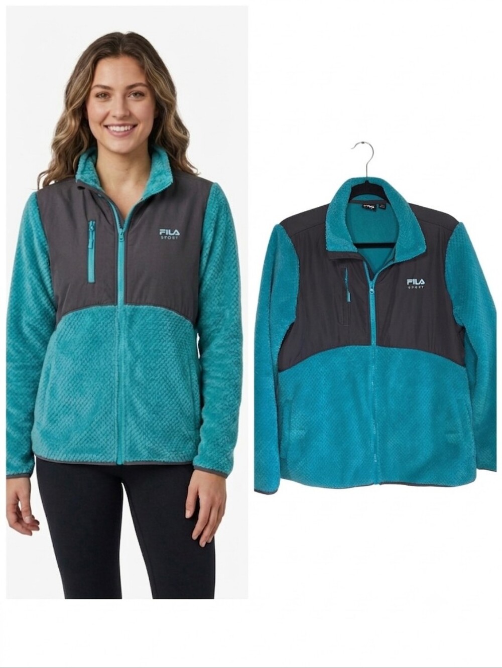 Fila Sport Teal Green and Gray Sherpa Jacket Zip Front Women's Size Large